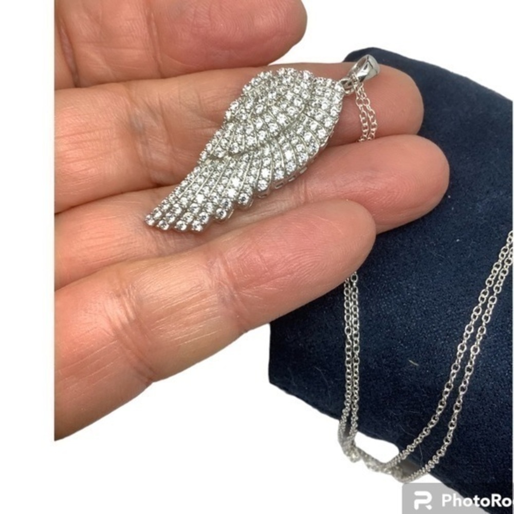 Sterling silver CZ wing pendant 18” necklace